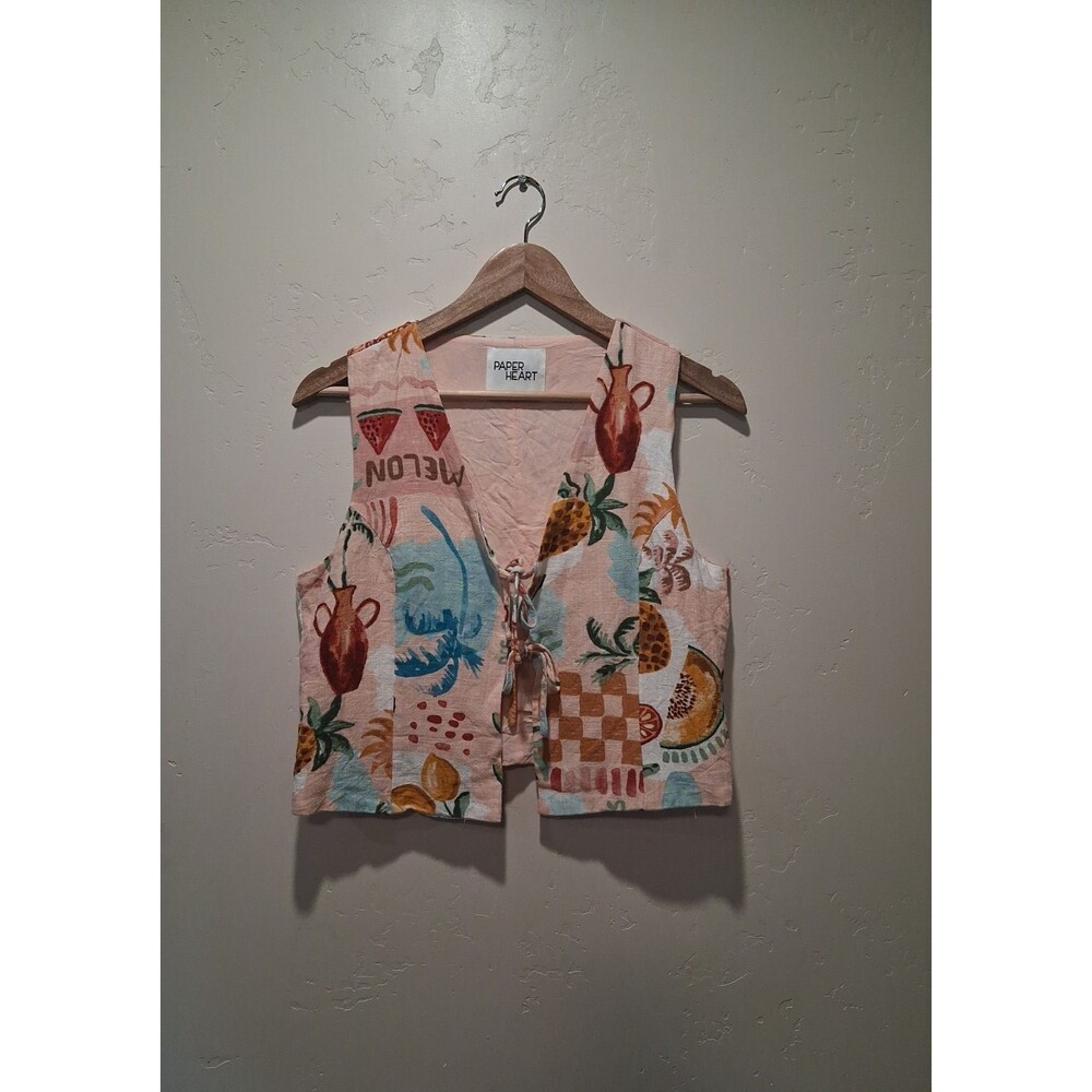 Paper Heart Women's Size M Linen Blend Fruit Print Tie Front Vest Tank Pink Food